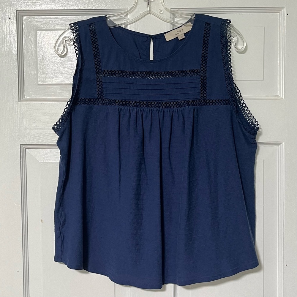 LOFT Flowy delicate Deep Blue crochet-lace detail Sleeveless Blouse